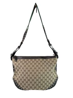 Gucci Beige GG Canvas Shoulder Bag with Dark Brown Trim and Green-Striped Strap
